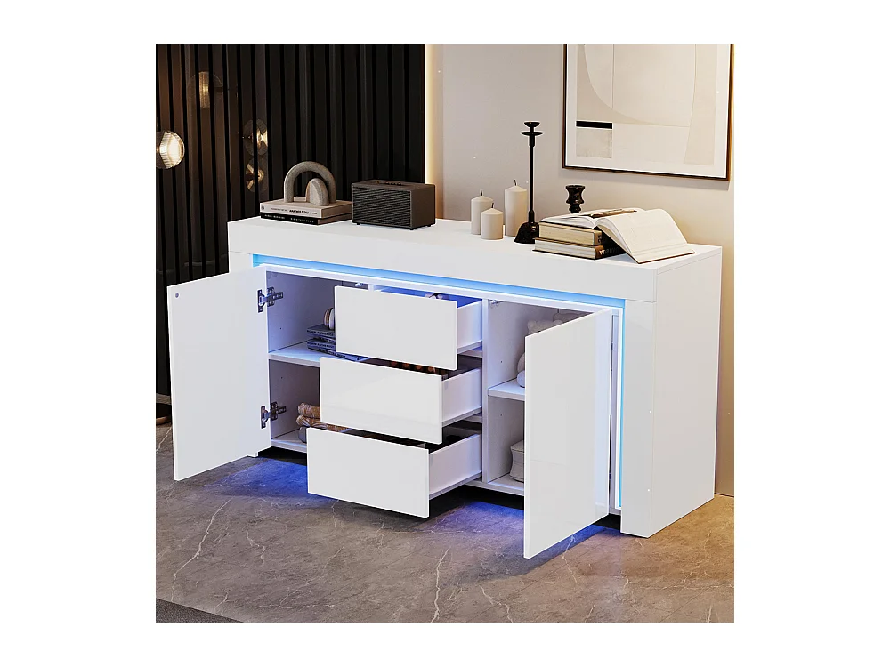 Buffet moderne 3 tiroirs 2 portes LED bande lumineuse brillant rangement couloir salon bureau blanc