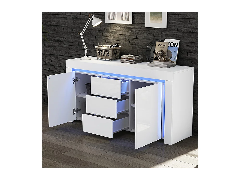 Buffet moderne 3 tiroirs 2 portes LED bande lumineuse brillant rangement couloir salon bureau blanc