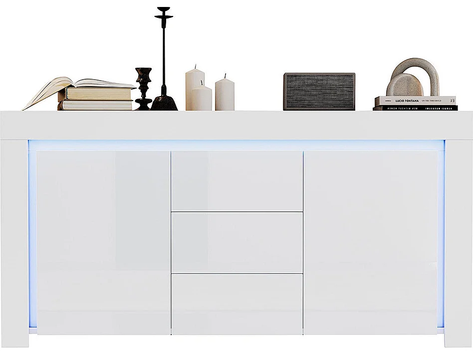 Buffet moderne 3 tiroirs 2 portes LED bande lumineuse brillant rangement couloir salon bureau blanc
