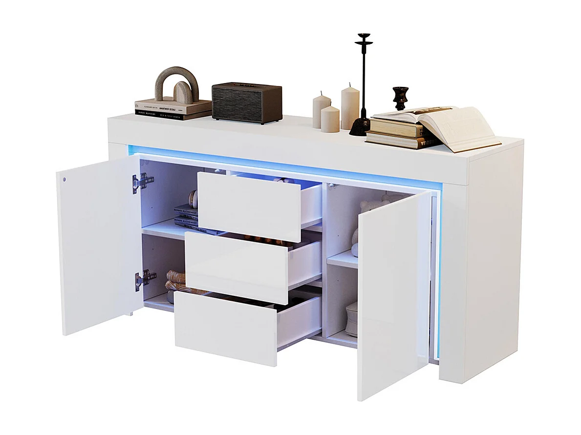 Buffet moderne 3 tiroirs 2 portes LED bande lumineuse brillant rangement couloir salon bureau blanc