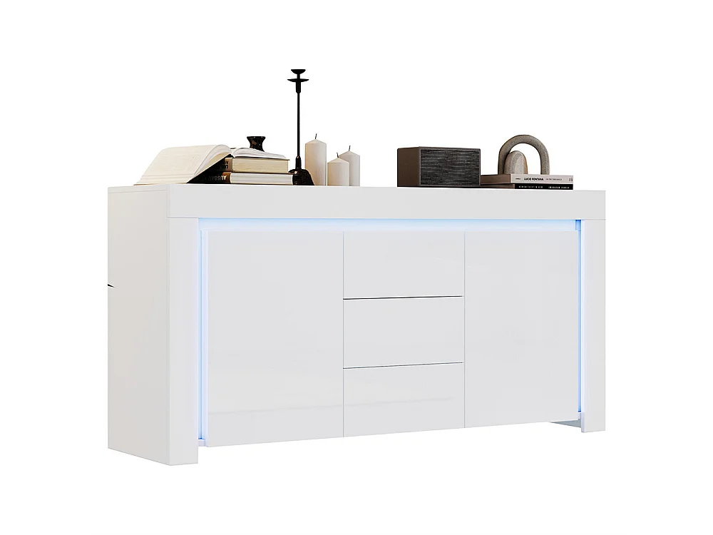 Buffet moderne 3 tiroirs 2 portes LED bande lumineuse brillant rangement couloir salon bureau blanc