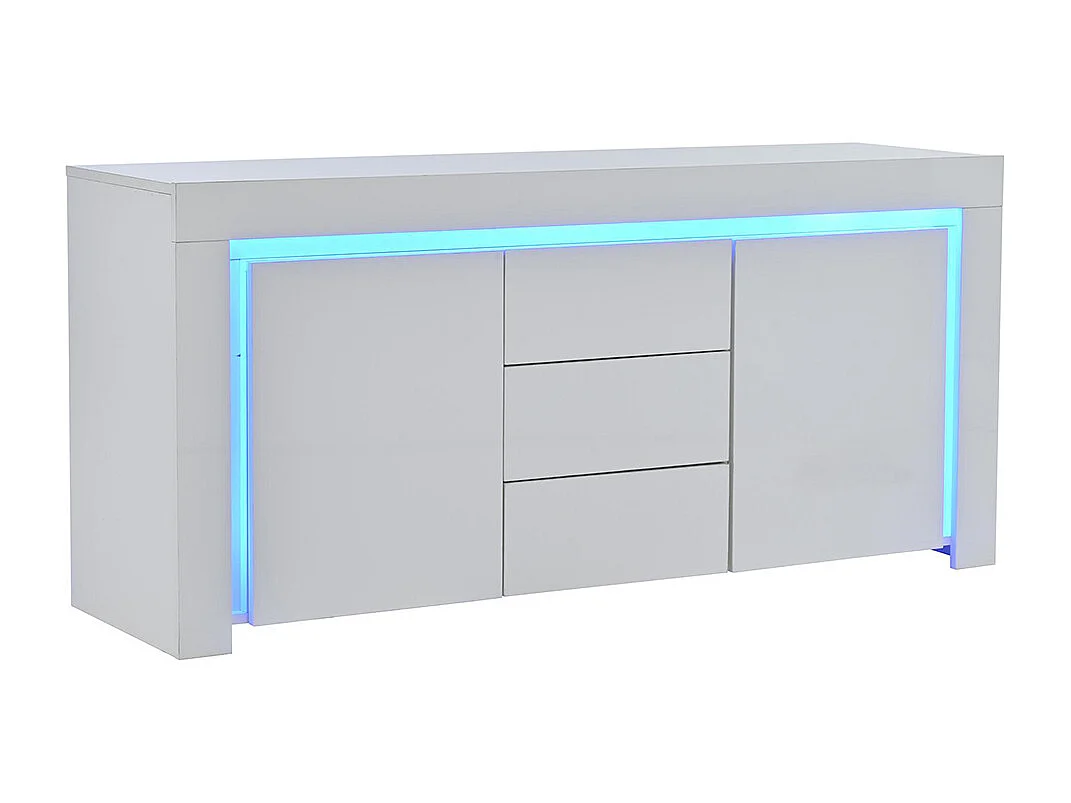 Buffet moderne 3 tiroirs 2 portes LED bande lumineuse brillant rangement couloir salon bureau blanc