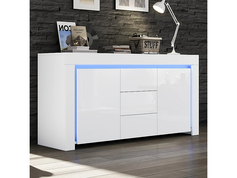 Buffet moderne 3 tiroirs 2 portes LED bande lumineuse brillant rangement couloir salon bureau blanc