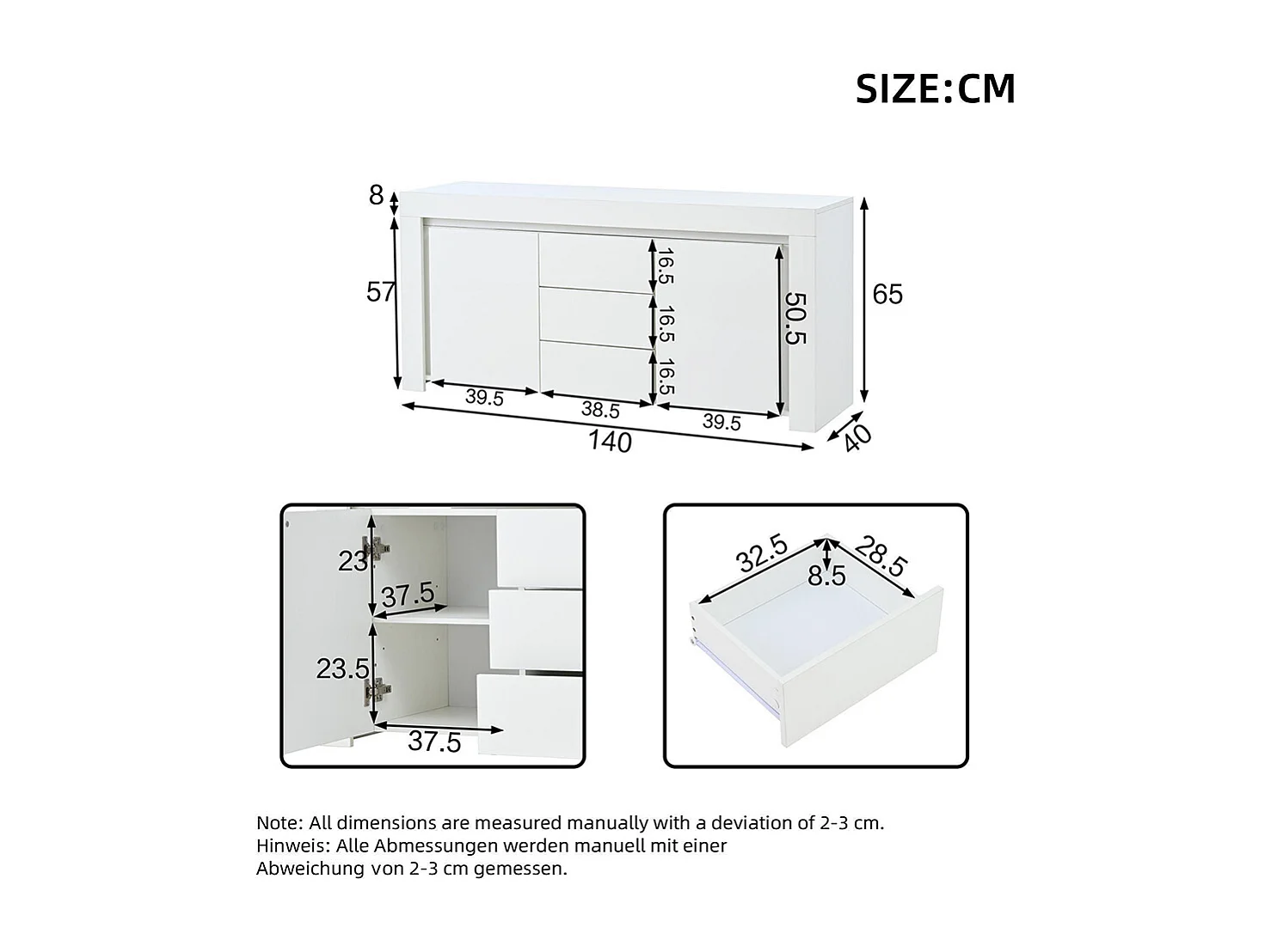 Buffet moderne 3 tiroirs 2 portes LED bande lumineuse brillant rangement couloir salon bureau blanc