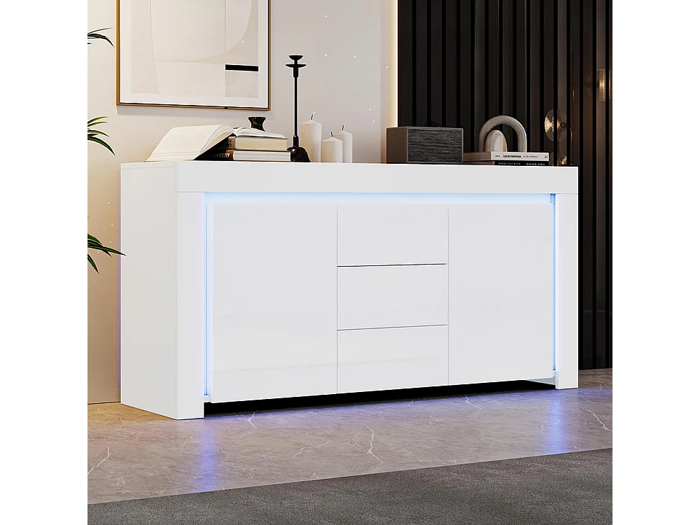 Buffet moderne 3 tiroirs 2 portes LED bande lumineuse brillant rangement couloir salon bureau blanc