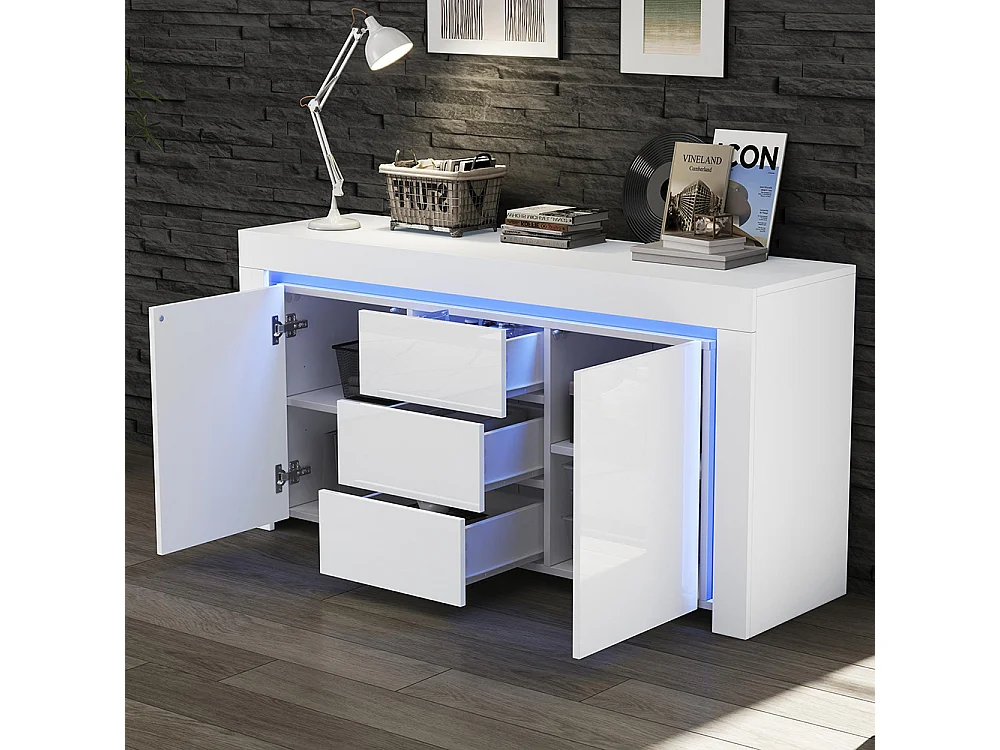 Buffet moderne 3 tiroirs 2 portes LED bande lumineuse brillant rangement couloir salon bureau blanc