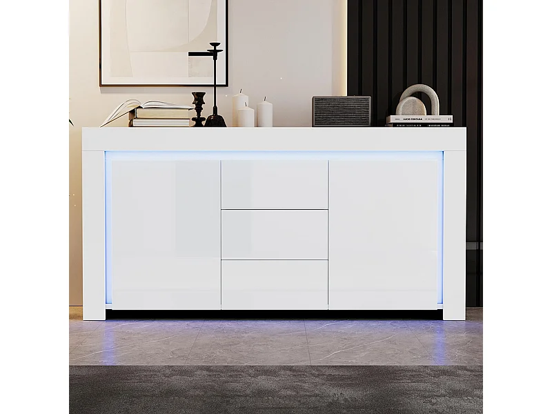 Buffet moderne 3 tiroirs 2 portes LED bande lumineuse brillant rangement couloir salon bureau blanc