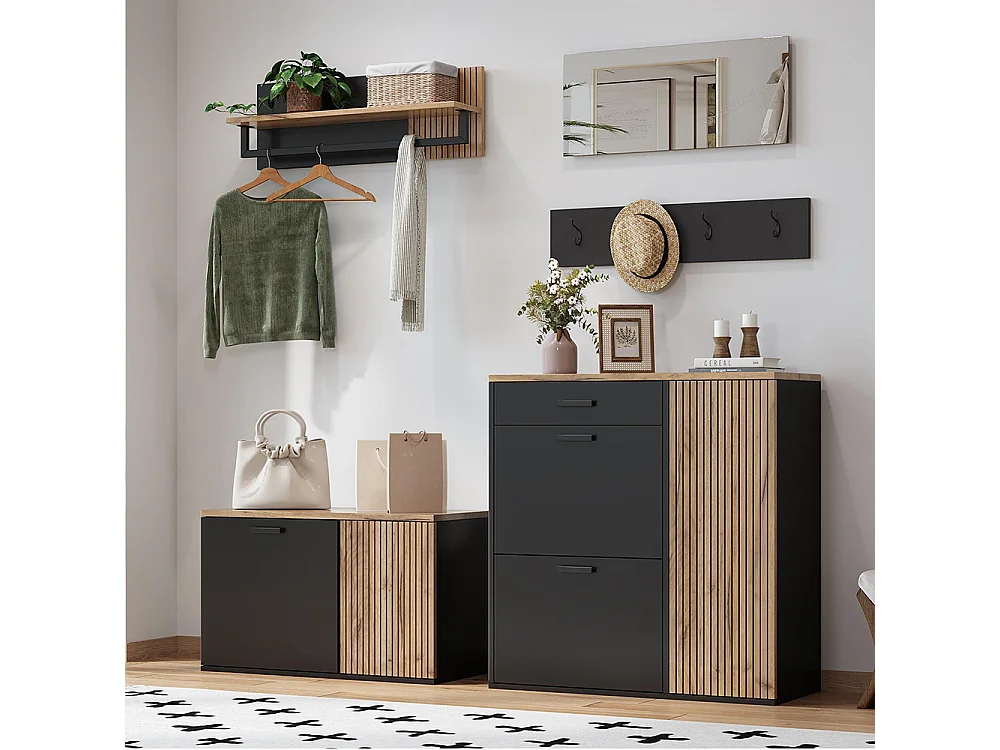 Ensemble vestiaire armoire commode miroir 2 meubles à chaussures panneau miroir étagère 4 crochets banc naturel