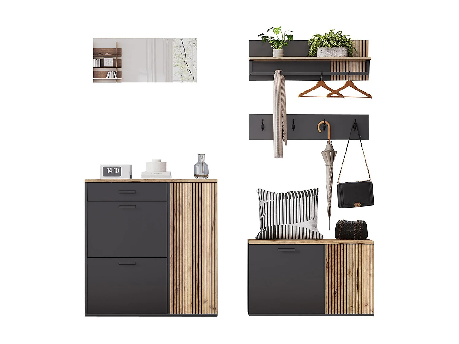 Ensemble vestiaire armoire commode miroir 2 meubles à chaussures panneau miroir étagère 4 crochets banc naturel