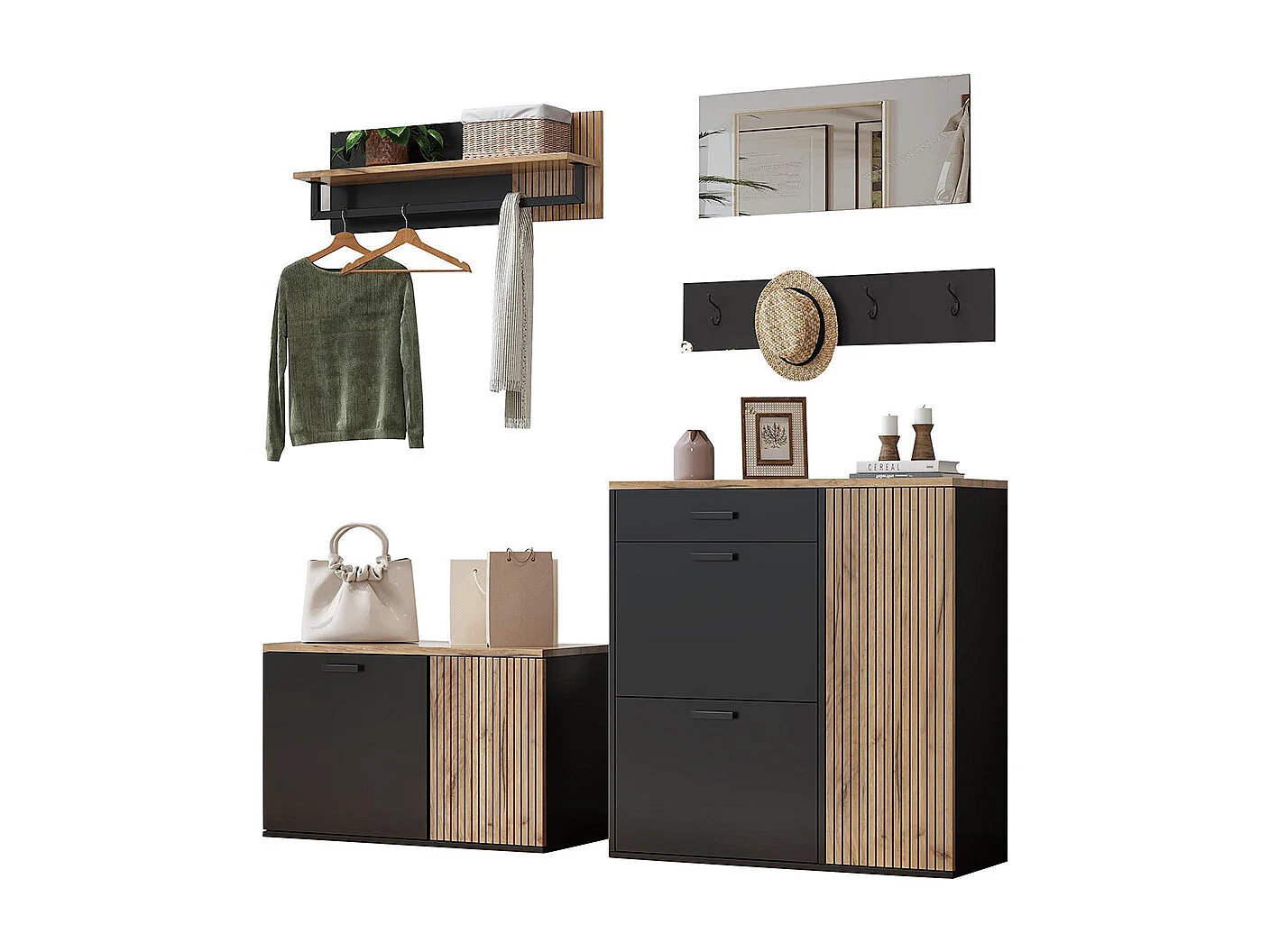 Ensemble vestiaire armoire commode miroir 2 meubles à chaussures panneau miroir étagère 4 crochets banc naturel