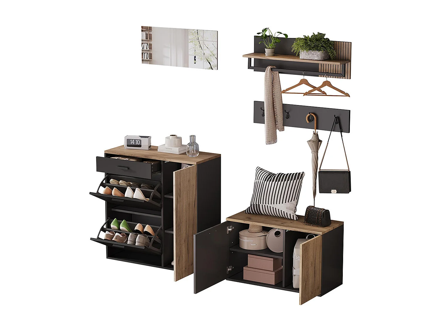 Ensemble vestiaire armoire commode miroir 2 meubles à chaussures panneau miroir étagère 4 crochets banc naturel