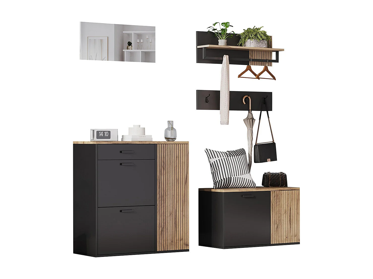 Ensemble vestiaire armoire commode miroir 2 meubles à chaussures panneau miroir étagère 4 crochets banc naturel