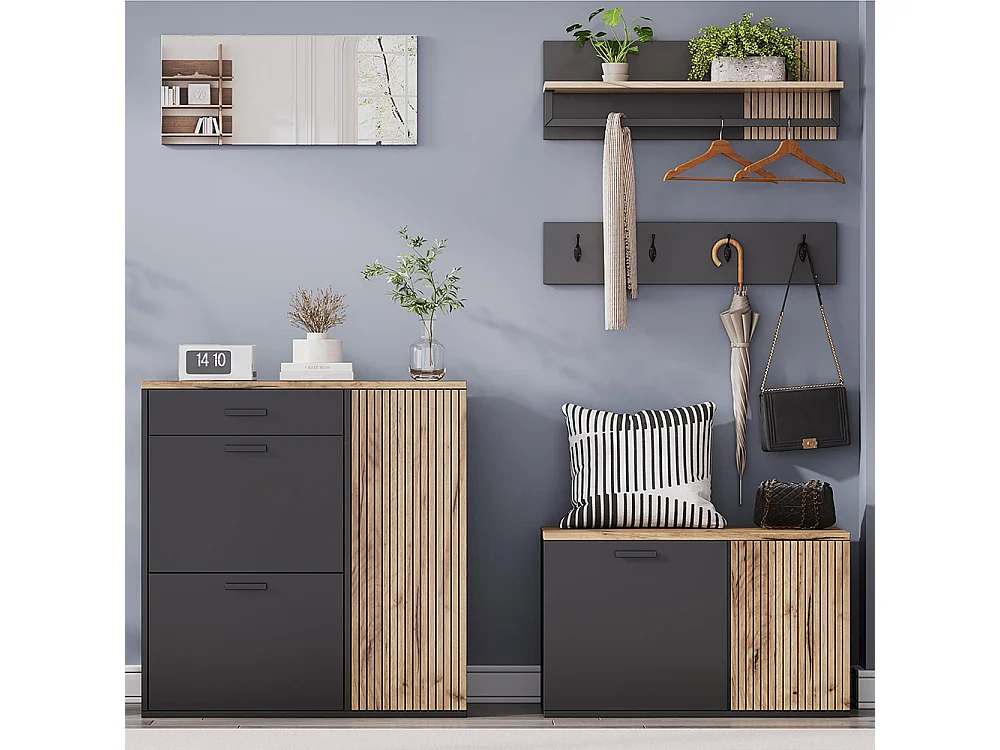 Ensemble vestiaire armoire commode miroir 2 meubles à chaussures panneau miroir étagère 4 crochets banc naturel