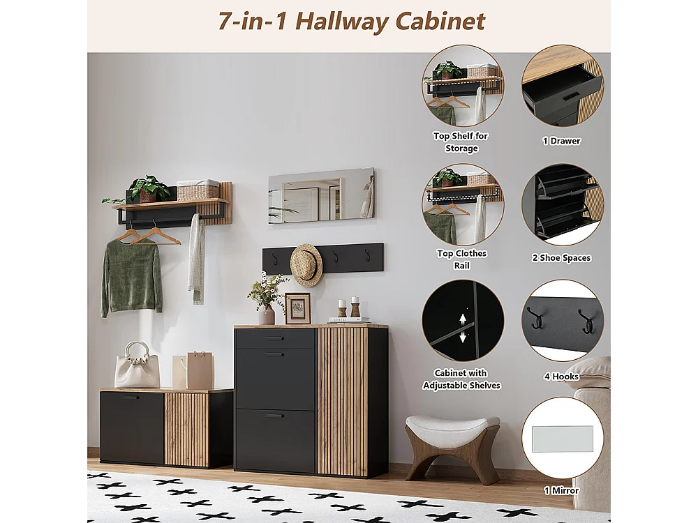 Ensemble vestiaire armoire commode miroir 2 meubles à chaussures panneau miroir étagère 4 crochets banc naturel