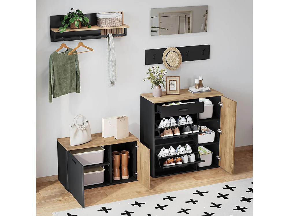 Ensemble vestiaire armoire commode miroir 2 meubles à chaussures panneau miroir étagère 4 crochets banc naturel