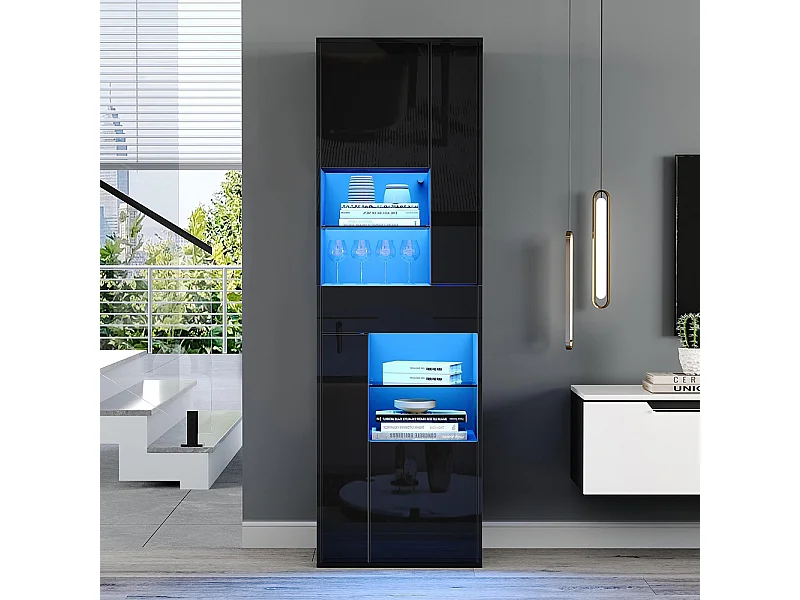 Vitrine armoire haute 1 tiroir 4 placards verre LED brillante design buffet salon présentoir noir
