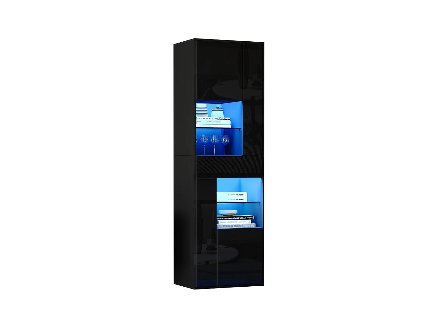 Vitrine armoire haute 1 tiroir 4 placards verre LED brillante design buffet salon présentoir noir