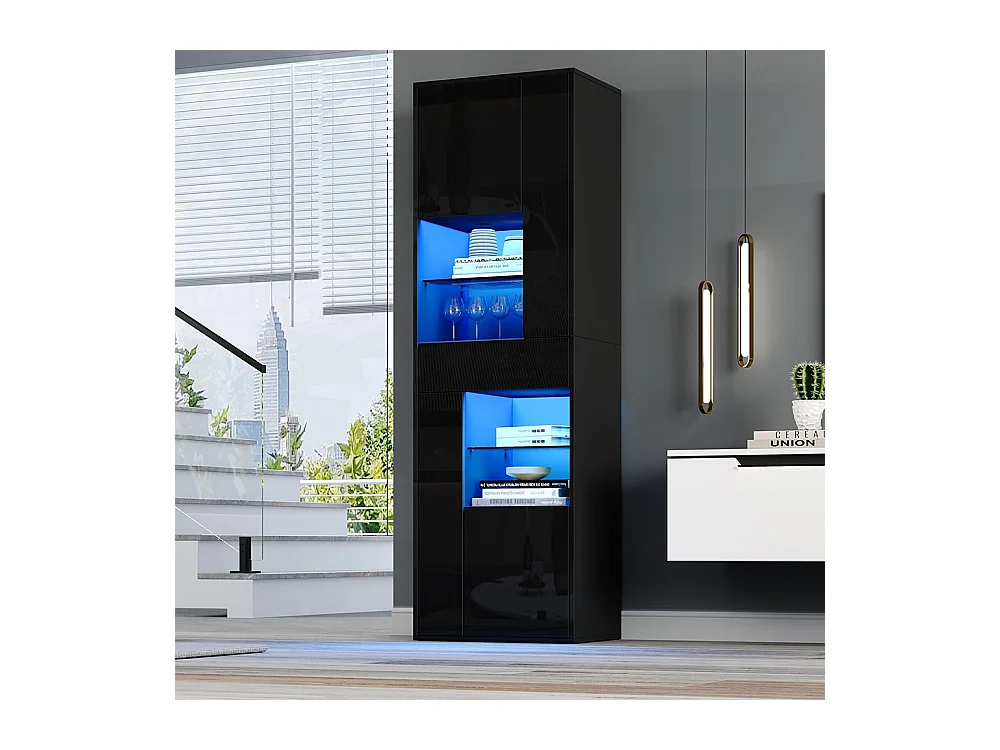 Vitrine armoire haute 1 tiroir 4 placards verre LED brillante design buffet salon présentoir noir