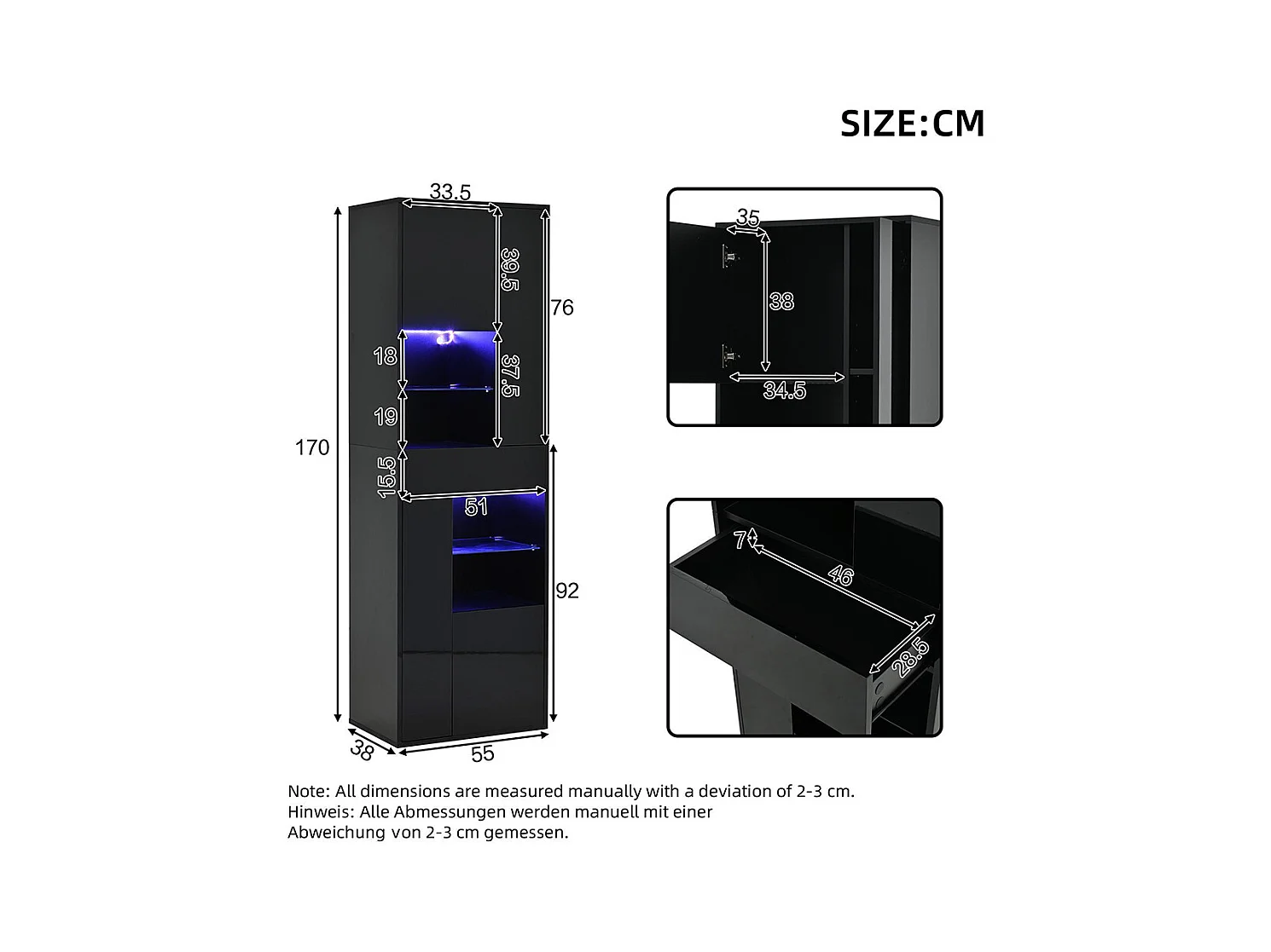 Vitrine armoire haute 1 tiroir 4 placards verre LED brillante design buffet salon présentoir noir