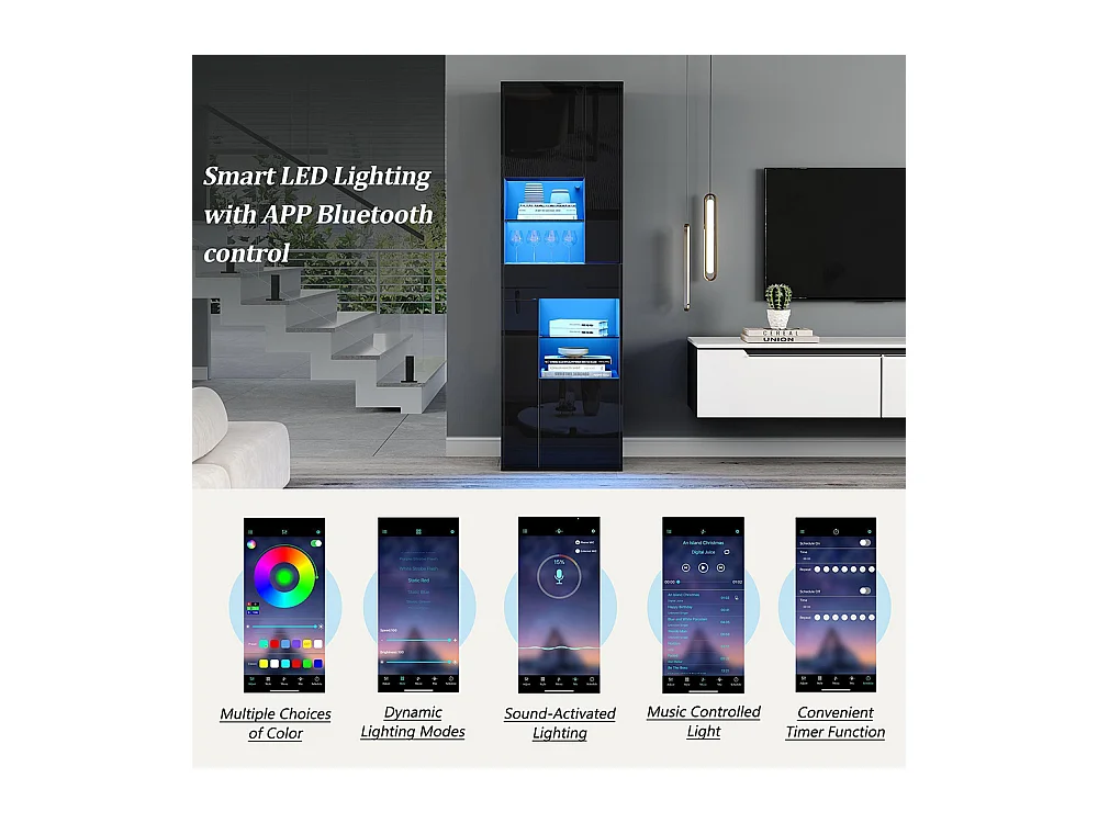 Vitrine armoire haute 1 tiroir 4 placards verre LED brillante design buffet salon présentoir noir