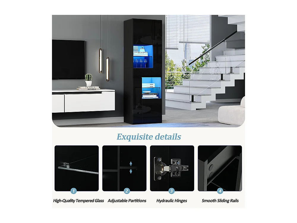 Vitrine armoire haute 1 tiroir 4 placards verre LED brillante design buffet salon présentoir noir
