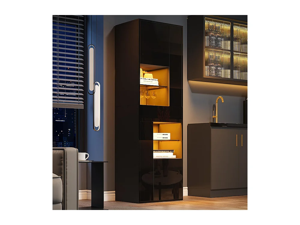 Vitrine armoire haute 1 tiroir 4 placards verre LED brillante design buffet salon présentoir noir
