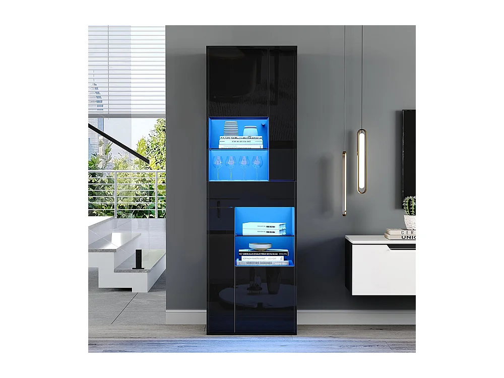 Vitrine armoire haute 1 tiroir 4 placards verre LED brillante design buffet salon présentoir noir