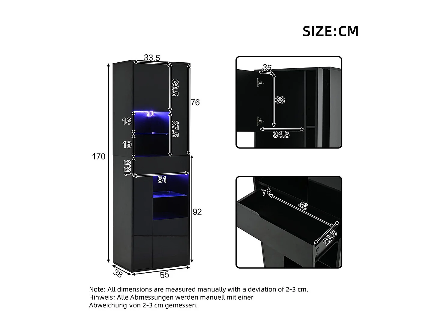 Vitrine armoire haute 1 tiroir 4 placards verre LED brillante design buffet salon présentoir noir