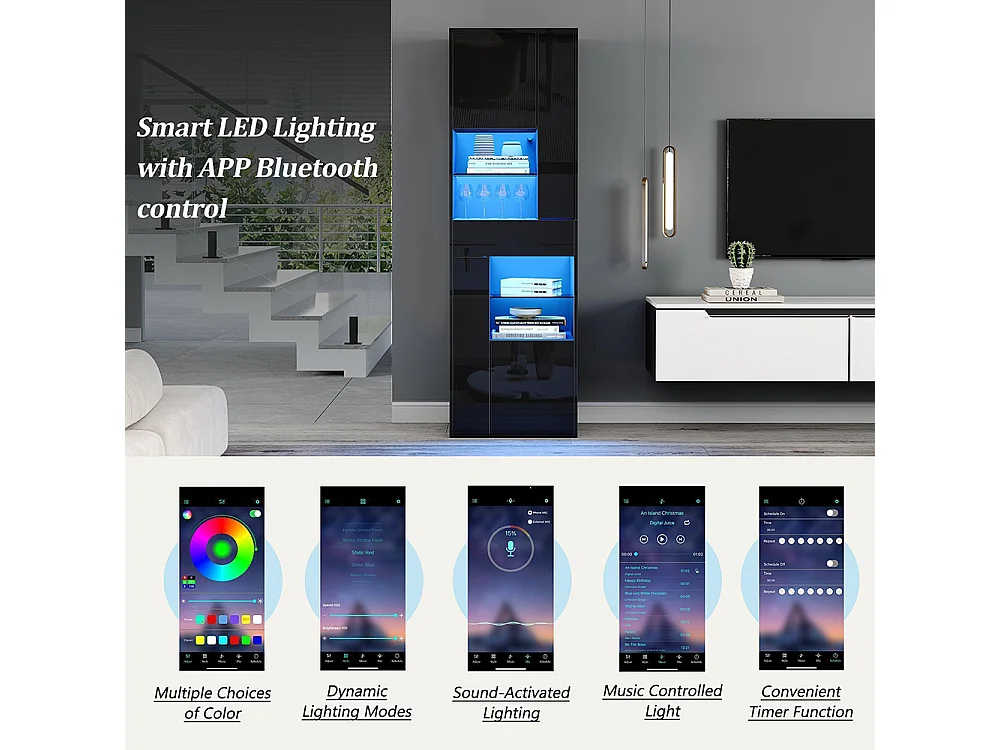 Vitrine armoire haute 1 tiroir 4 placards verre LED brillante design buffet salon présentoir noir