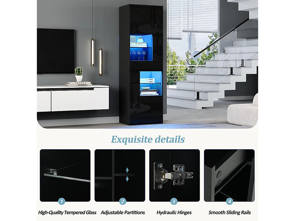 Vitrine armoire haute 1 tiroir 4 placards verre LED brillante design buffet salon présentoir noir