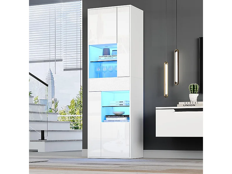Vitrine armoire haute 1 tiroir 4 placards verre LED brillante design buffet salon présentoir blanc