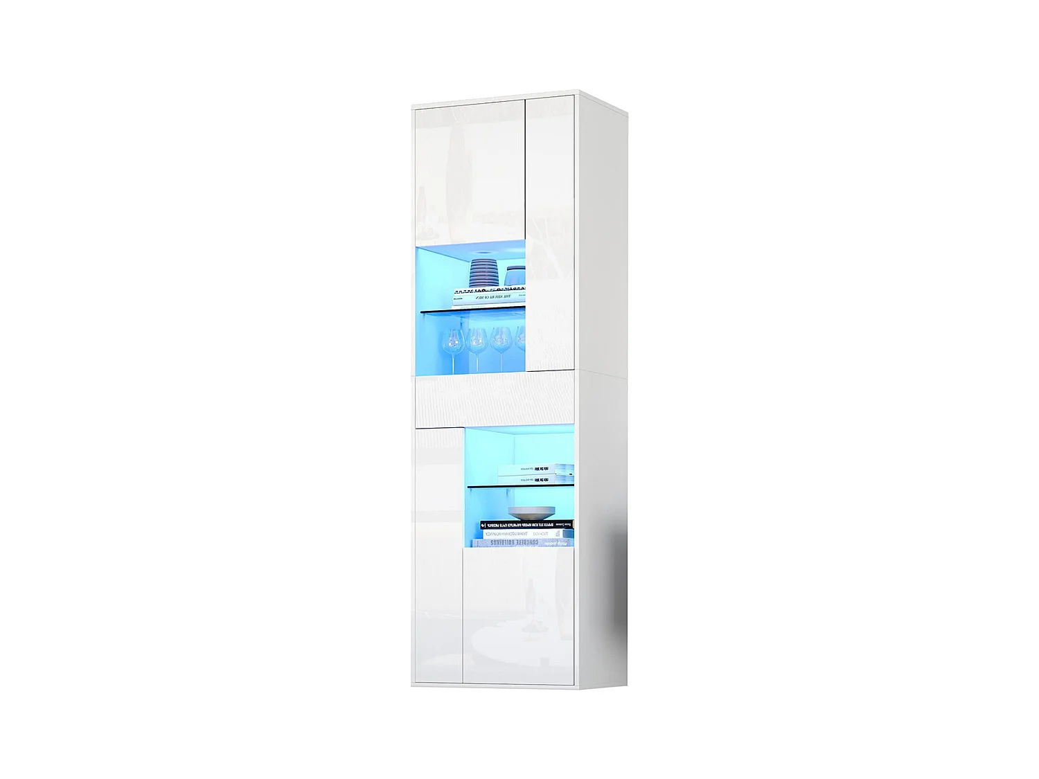 Vitrine armoire haute 1 tiroir 4 placards verre LED brillante design buffet salon présentoir blanc