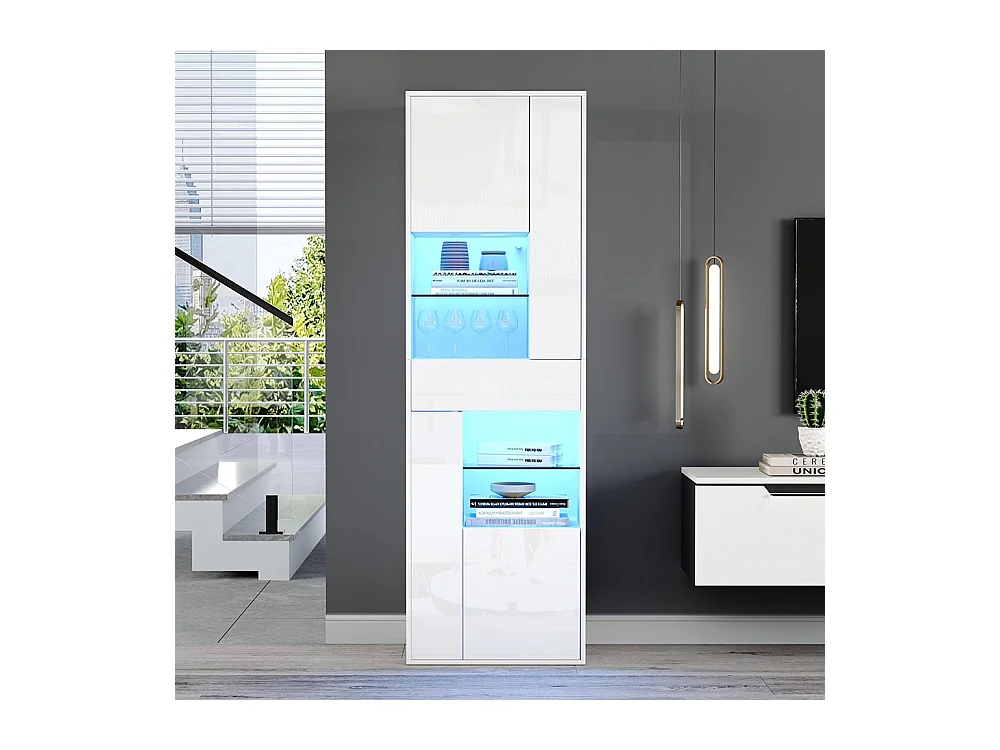 Vitrine armoire haute 1 tiroir 4 placards verre LED brillante design buffet salon présentoir blanc