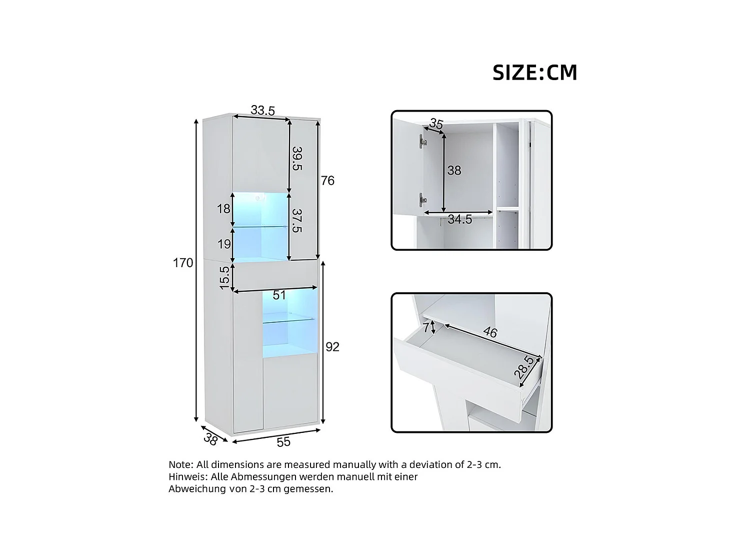 Vitrine armoire haute 1 tiroir 4 placards verre LED brillante design buffet salon présentoir blanc