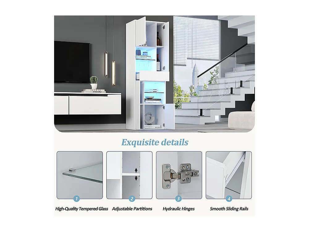 Vitrine armoire haute 1 tiroir 4 placards verre LED brillante design buffet salon présentoir blanc