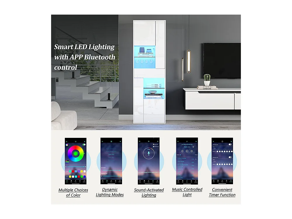 Vitrine armoire haute 1 tiroir 4 placards verre LED brillante design buffet salon présentoir blanc