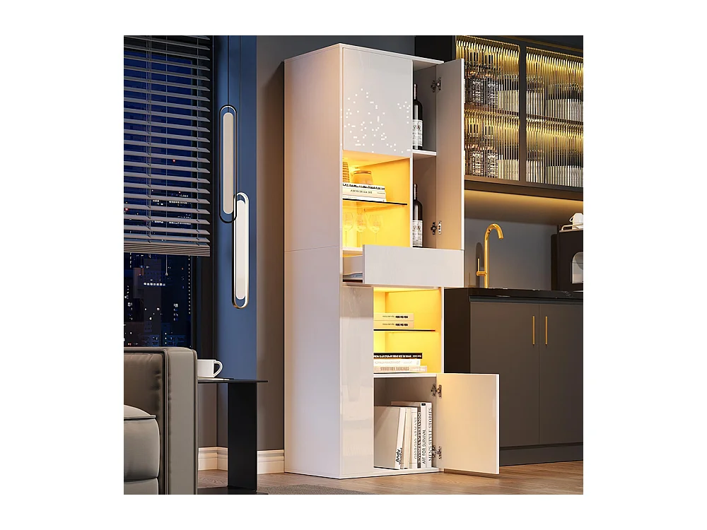 Vitrine armoire haute 1 tiroir 4 placards verre LED brillante design buffet salon présentoir blanc