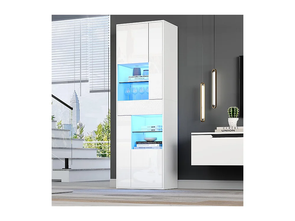 Vitrine armoire haute 1 tiroir 4 placards verre LED brillante design buffet salon présentoir blanc