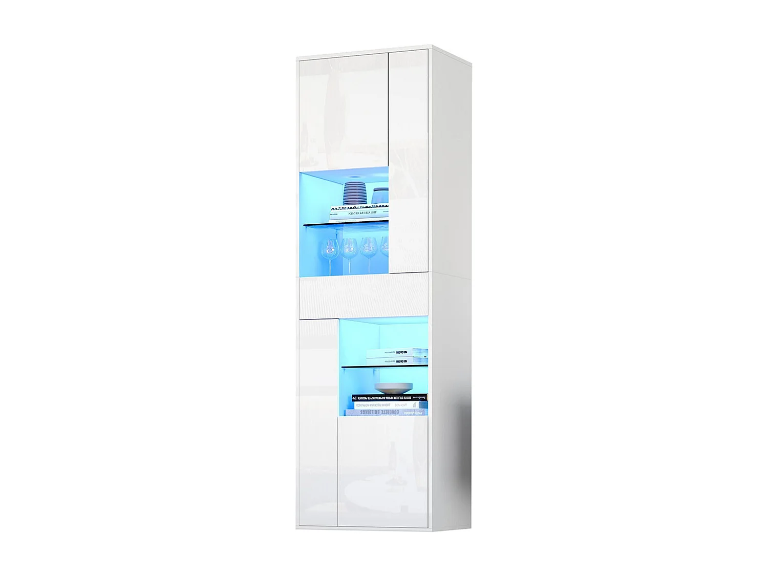 Vitrine armoire haute 1 tiroir 4 placards verre LED brillante design buffet salon présentoir blanc