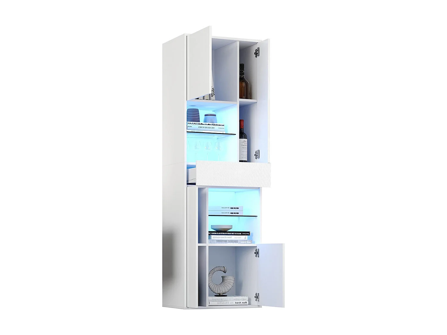 Vitrine armoire haute 1 tiroir 4 placards verre LED brillante design buffet salon présentoir blanc