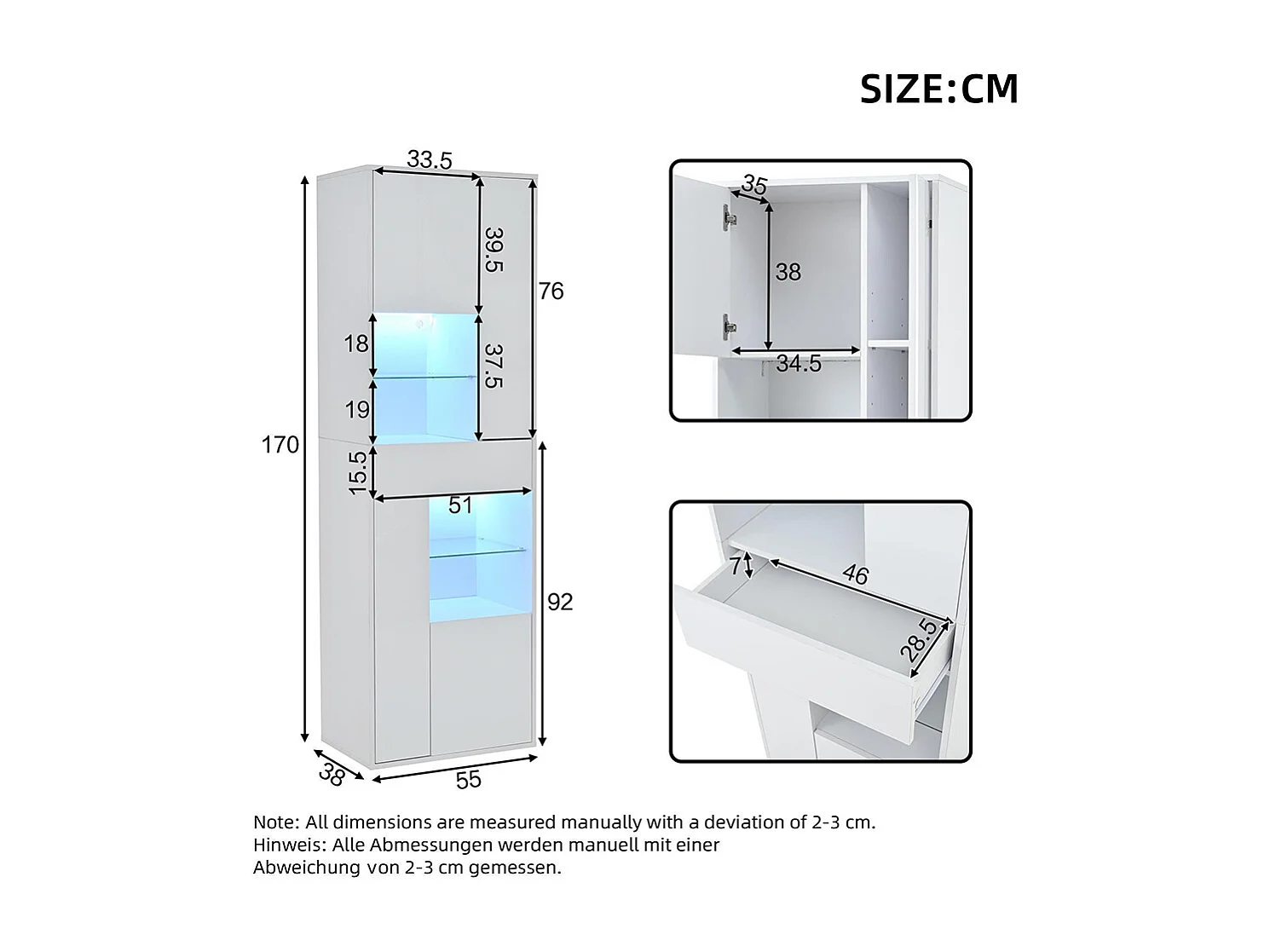 Vitrine armoire haute 1 tiroir 4 placards verre LED brillante design buffet salon présentoir blanc