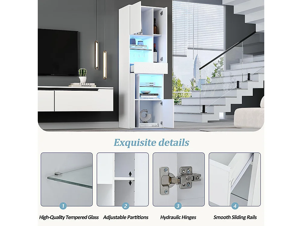 Vitrine armoire haute 1 tiroir 4 placards verre LED brillante design buffet salon présentoir blanc
