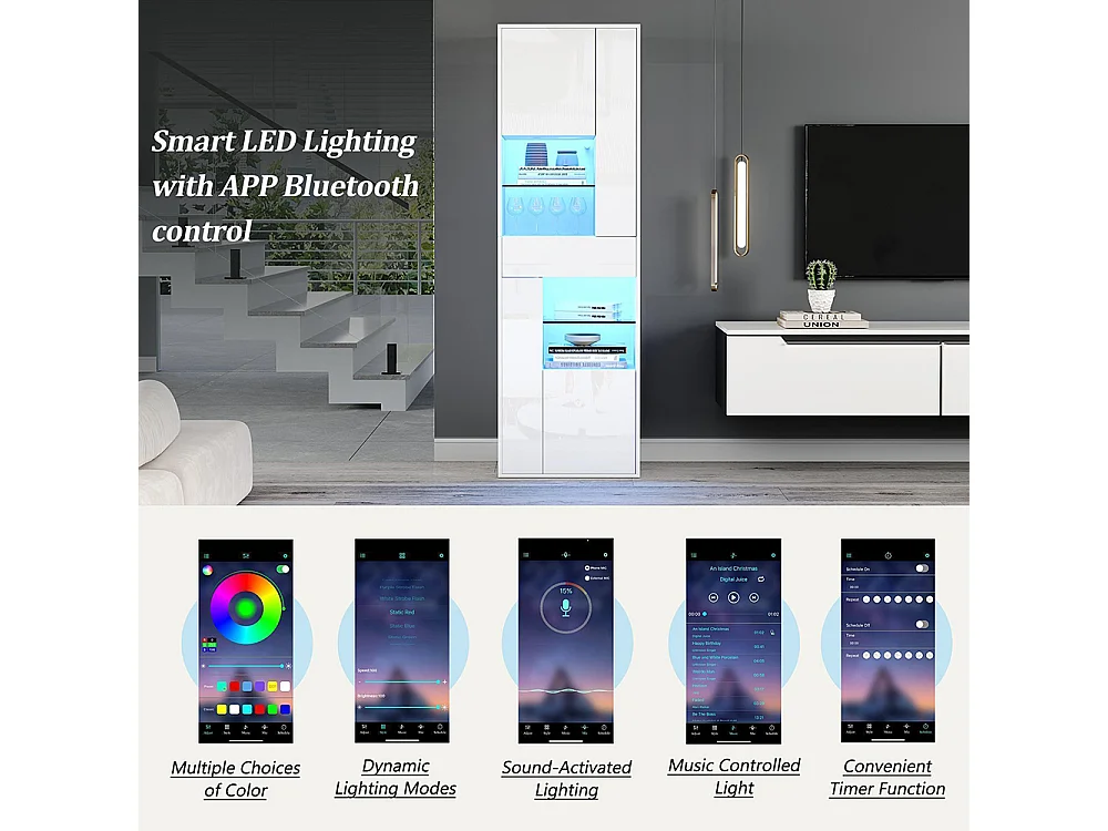 Vitrine armoire haute 1 tiroir 4 placards verre LED brillante design buffet salon présentoir blanc