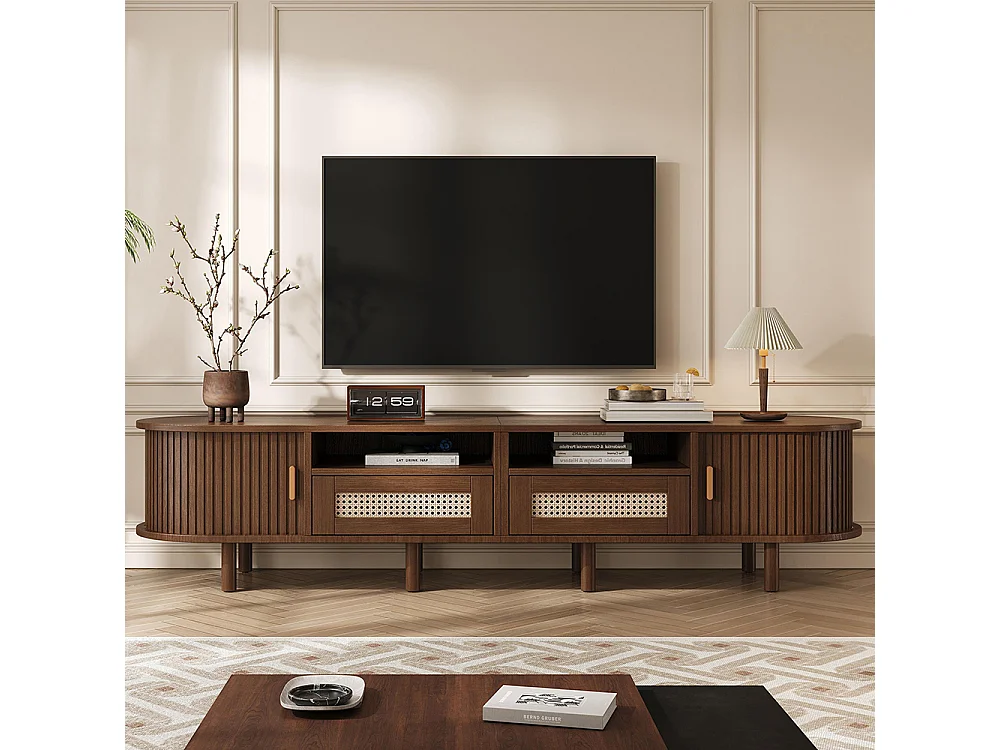 Meuble TV ovale table TV 2 tiroirs rotin 2 portes coulissantes TV 70 pouces noyer