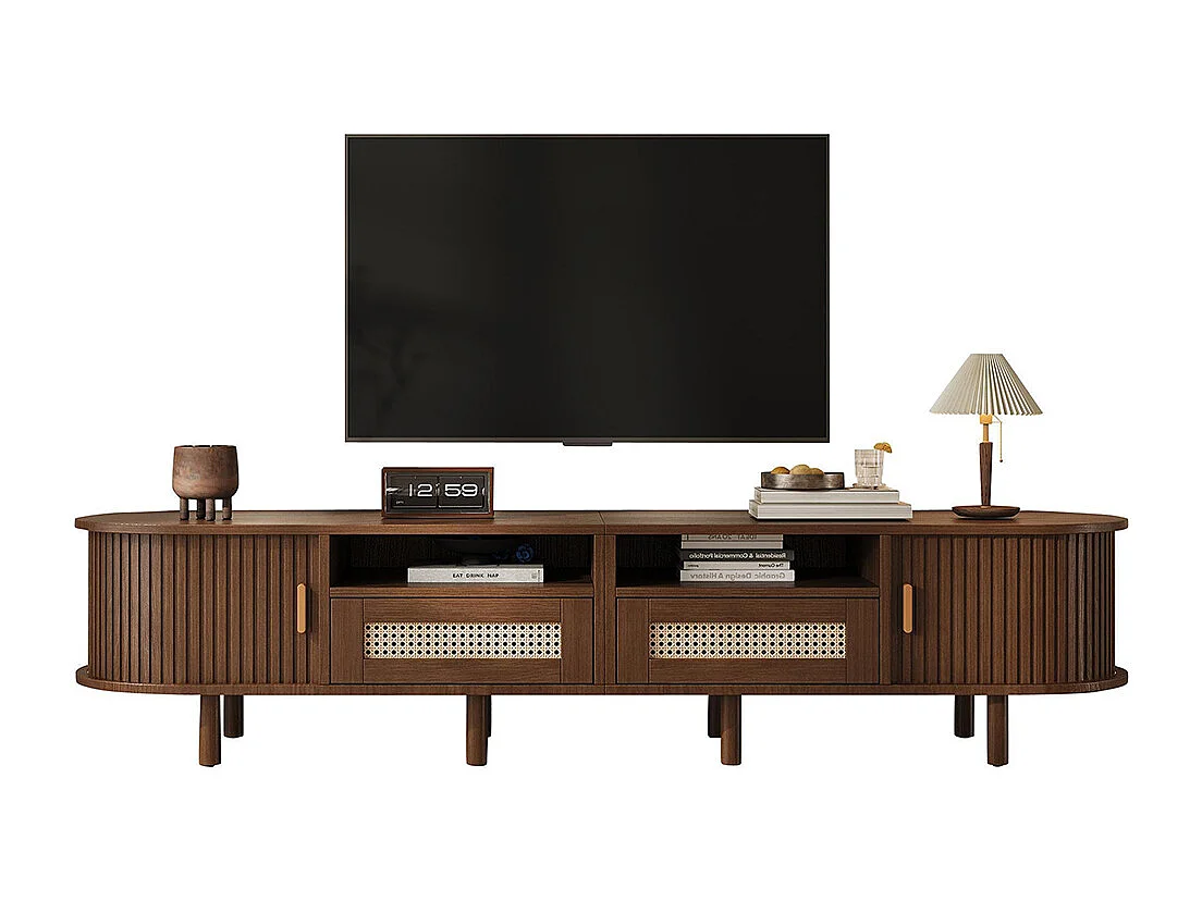 Meuble TV ovale table TV 2 tiroirs rotin 2 portes coulissantes TV 70 pouces noyer