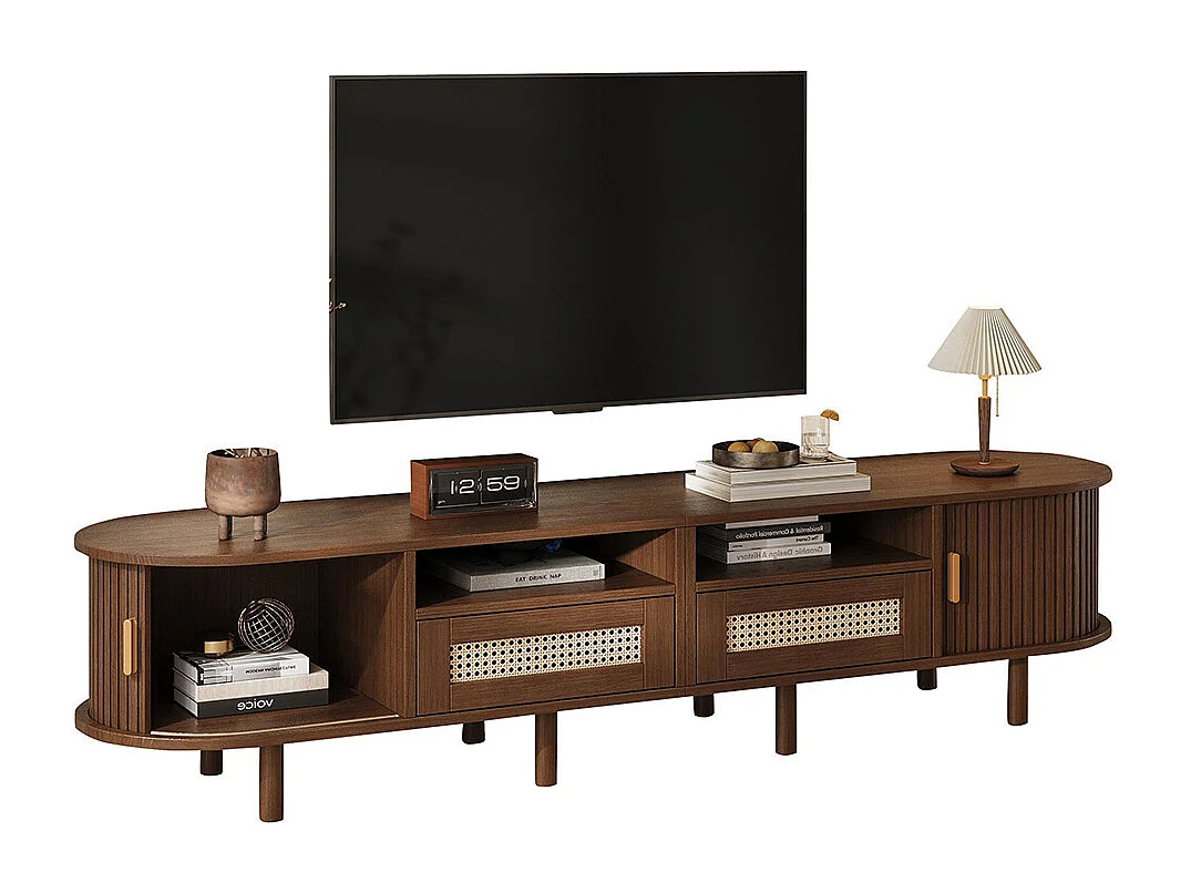 Meuble TV ovale table TV 2 tiroirs rotin 2 portes coulissantes TV 70 pouces noyer