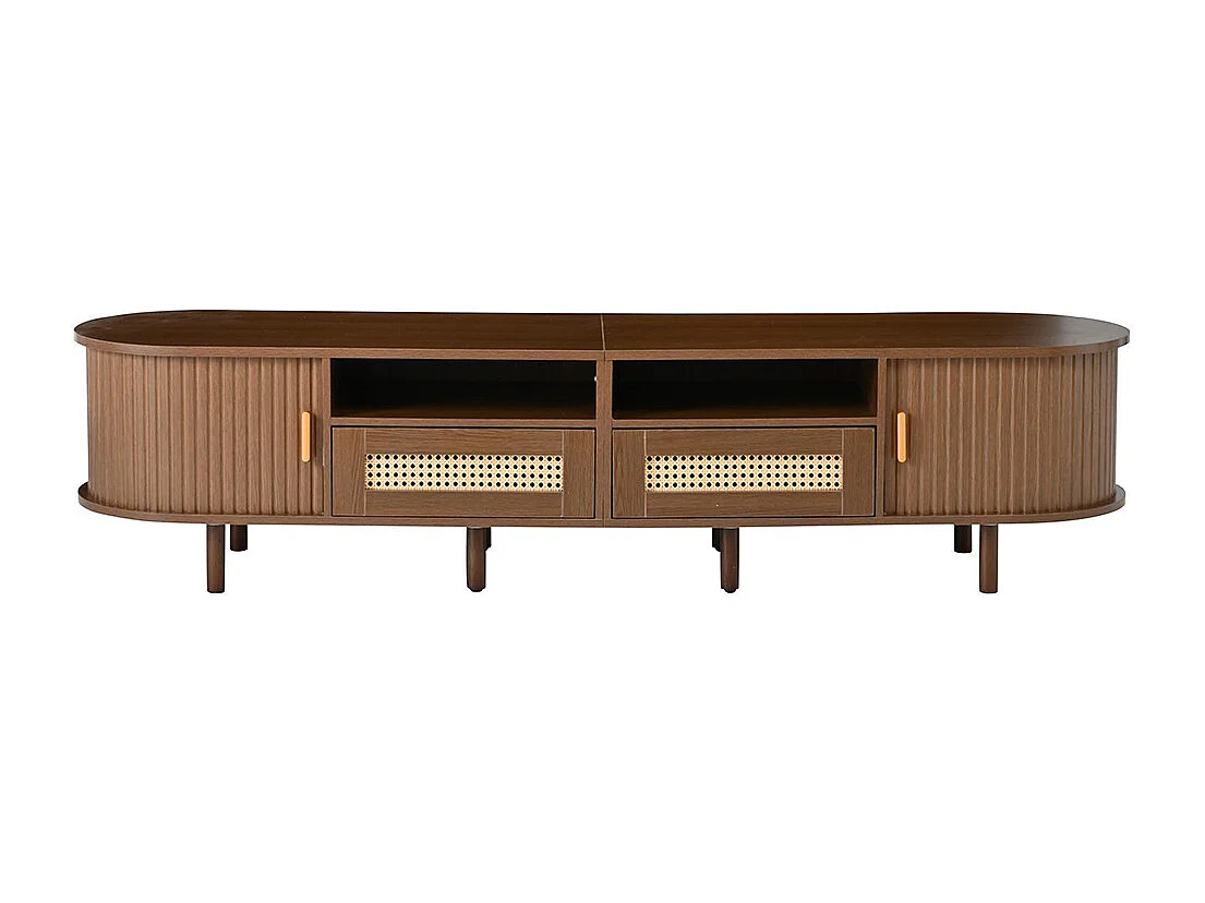 Meuble TV ovale table TV 2 tiroirs rotin 2 portes coulissantes TV 70 pouces noyer
