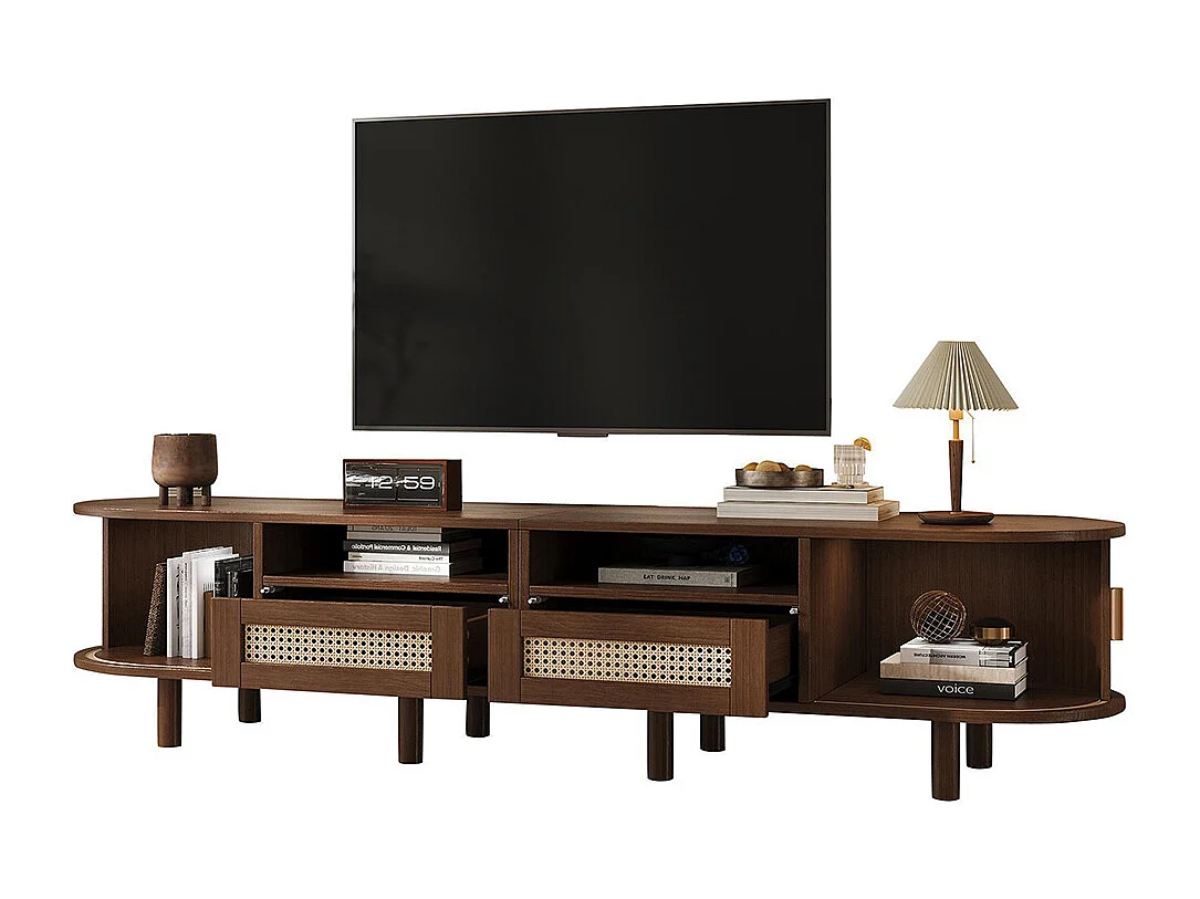 Meuble TV ovale table TV 2 tiroirs rotin 2 portes coulissantes TV 70 pouces noyer