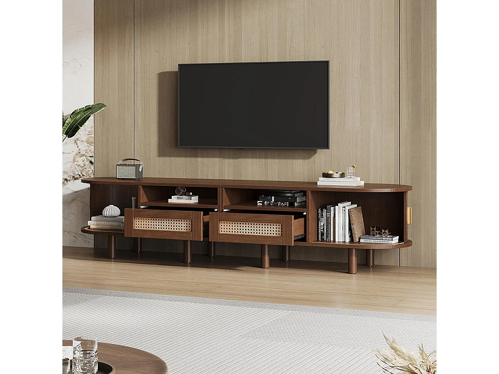 Meuble TV ovale table TV 2 tiroirs rotin 2 portes coulissantes TV 70 pouces noyer