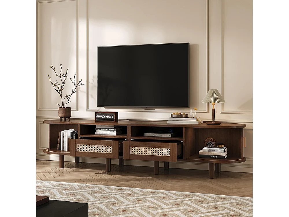 Meuble TV ovale table TV 2 tiroirs rotin 2 portes coulissantes TV 70 pouces noyer